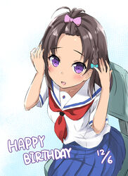  black_hair blue_skirt commentary_request dated female happy_birthday high_school_fleet looking_at_viewer neckerchief open_mouth pirason pleated_skirt purple_eyes red_neckerchief school_uniform serafuku short_hair short_sleeves sitting skirt solo topknot uchida_mayumi yokosuka_girls_marine_high_school_uniform 