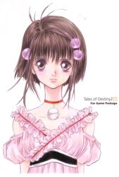  blush brown_eyes brown_hair choker copyright_name female frills inomata_mutsumi light_smile lipstick makeup official_art reala_(tales) red_choker short_hair solo tales_of_(series) tales_of_destiny_2 very_short_hair white_background 