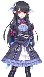  anette_(pso2) black_hair blunt_bangs blush bow braid breasts cleavage_cutout clothing_cutout commentary_request crossed_arms dress eyebrows female frilled_skirt frilled_sleeves frills hair_ornament hairclip long_hair long_sleeves looking_at_viewer nidy phantasy_star phantasy_star_online_2 pleated_skirt pointy_ears red_eyes ribbon-trimmed_clothes ribbon_trim simple_background skirt small_breasts solo swept_bangs thighhighs twin_braids white_background 