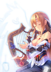  alternate_costume bare_shoulders blonde_hair breasts circlet cleavage closed_eyes commentary_request corset female fingerless_gloves flower frilled_sleeves frills gloves hair_down harp highres instrument large_breasts long_hair luupechi nail_polish original purple_nails sitting solo very_long_hair wide_sleeves yuri_(luupechi) 