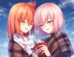  2girls :d ^_^ ahoge alternate_costume blue_shirt blue_sky blush bow brown_hair closed_eyes cloud commentary creature cup day fate/grand_order fate_(series) fingernails fou_(fate) fujimaru_ritsuka_(female) gogatsu_fukuin hair_ornament hair_scrunchie head_tilt holding holding_cup long_sleeves mash_kyrielight mash_kyrielight_(chaldea_teatime) mug multiple_girls official_alternate_costume one_side_up open_mouth orange_scrunchie outdoors pink_hair purple_eyes red_bow scrunchie shirt signature sky smile steam symbol-only_commentary upper_body 