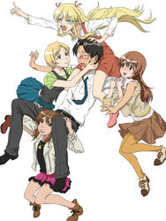  2boys 3girls angela_burton black_hair blonde_hair blue_eyes blush brown_eyes brown_hair commentary_request crossdressing dress full_body genshiken glasses good_end harem hato_kenjirou highres madarame_harunobu mixed_harem multiple_boys multiple_girls necktie oerba_yun_fang pantyhose sanadafelix sasahara_keiko simple_background skirt straight susanna_hopkins white_background yellow_legwear 