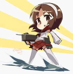  bare_shoulders brown_eyes brown_hair commentary_request detached_sleeves female hairband harunagi kantai_collection natori_(kancolle) neckerchief open_mouth photoshop_(medium) sailor_collar school_uniform serafuku short_hair skirt solo standing thighhighs turret twitter_username weapon white_hairband white_thighhighs 