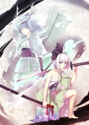  2girls alternate_costume armor bad_id bad_pixiv_id banner bare_shoulders barefoot black_ribbon blue_eyes blunt_bangs bob_cut bow_hairband breasts carrying_over_shoulder chest_sarashi cleavage clone collarbone commentary_request floral_print ghost ghost_tail green_eyes green_kimono hadanugi_dousa hair_ribbon hairband hand_up helmet hitodama_print holding holding_sheath holding_sword holding_weapon japanese_armor japanese_clothes kabuto_(helmet) kaiza_(rider000) katana kimono konpaku_youmu konpaku_youmu_(ghost) kote kusazuri left-handed looking_at_viewer medium_breasts multiple_girls on_one_knee open_clothes open_kimono over_shoulder ribbon sageo samurai sarashi sashimono saya_(scabbard) scabbard serious sheath short_hair shoulder_armor single_bare_arm single_bare_leg single_bare_shoulder sode sword sword_over_shoulder touhou unsheathed v-shaped_eyebrows weapon weapon_over_shoulder white_hair wide_sleeves 