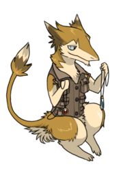  anthro avoid_posting chibi gem happy jewelry male mammal murcifer necklace pencil_(object) pockets sergal solo southern 