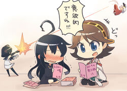  4girls ahoge black_serafuku black_socks black_thighhighs blue_eyes blush brown_hair character_request commentary_request crescent detached_sleeves elbow_gloves firing gloves grey_hair hairband harunagi headgear headshot hiei_(kancolle) kantai_collection kneehighs long_hair long_sleeves low_twintails manga_(object) mikazuki_(kancolle) multiple_girls muzzle_flash nontraditional_miko open_mouth sailor_collar school_uniform seiza serafuku short_hair sitting skirt sleeveless socks suzukaze_(kancolle) thighhighs translation_request trembling twintails weapon wide_sleeves 