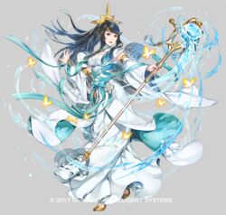  black_hair breasts commentary_request dress elbow_gloves female fire_emblem fire_emblem_fates fire_emblem_heroes gloves hairband itou_misei jewelry long_hair looking_at_viewer mikoto_(adrift)_(fire_emblem) mikoto_(fire_emblem) official_art ponytail simple_background solo staff 