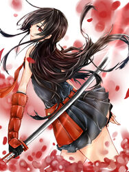  akame_(akame_ga_kill!) akame_ga_kill! armor black_hair black_skirt commentary_request female highres holding holding_sword holding_weapon japanese_armor katana long_hair pleated_skirt red_eyes skirt solo sword weapon wingforpx 