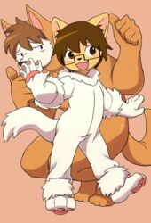  2016 anthro blush brown_hair canid canine canis clothed clothing costume cute_fangs digital_media_(artwork) domestic_cat domestic_dog duo eyewear felid feline felis gesture glasses hair interspecies lolicon male mammal manmosu_marimo open_mouth open_smile shota_feline_(marimo) smile waving white_canine_(marimo) young young_anthro 