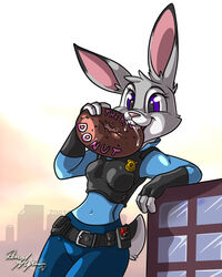  2016 4:5 anthro badge belt black_body black_fur bodily_fluids breasts buckteeth building city clothed clothing dessert disney doughnut drooling eating english_text female food fur grey_body grey_fur hi_res judy_hopps lagomorph leporid long_ears macro mammal navel open_mouth outside pastry police police_officer_eating_donut police_uniform purple_eyes rabbit rena_ayama saliva signature simple_background solo teeth text toony uniform white_background white_body white_fur wide_hips zootopia 