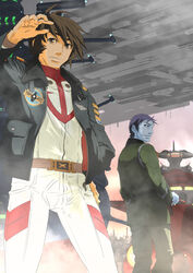  2boys bad_id bad_pixiv_id belt blue_skin brown_eyes brown_hair character_request coat colored_skin contrapposto control_tower highres kodai_susumu looking_back male_focus multiple_boys purple_hair spacecraft standing supe_(yuusyasupepen) uchuu_senkan_yamato uchuu_senkan_yamato_2199 uniform 