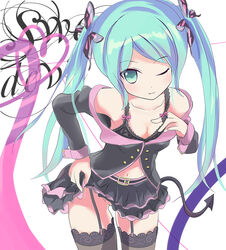  belt bra clothes_lift commentary_request demon_tail female garter_straps green_eyes green_hair gumo hatsune_miku honey_whip_(module) long_hair no_panties one_eye_closed photoshop_(medium) project_diva_(series) project_diva_f skirt skirt_lift solo sweet_devil_(vocaloid) tail thighhighs twintails underwear very_long_hair vocaloid 