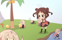  6+girls ? antenna_hair black_serafuku blonde_hair blush brown_eyes brown_hair chao_(sonic) chao_garden chibi clone commentary_request double_bun hair_bun hair_flaps hair_ornament hair_ribbon hairclip harunagi kantai_collection long_hair multiple_girls naka_(kancolle) neckerchief open_mouth palm_tree parody photoshop_(medium) remodel_(kantai_collection) ribbon sailor_collar scarf school_uniform serafuku short_hair short_sleeves sitting sonic_(series) standing straight_hair tree yuudachi_(kancolle) 