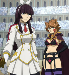  2girls animal_ears breasts brown_hair cat_ears fairy_tail gloves kagura_mikazuchi millianna multiple_girls navel screencap stitched 