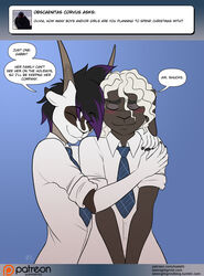  antelope ask_blog blush bovid caprine clothing conditional_dnp dialogue digital_media_(artwork) dipstick_ears domestic_sheep duo ear_markings english_text female gabby_(kadath) grazing_antelope hair hug kadath mammal multicolored_ears olivia_(kadath) oryx purple_hair sheep text url 