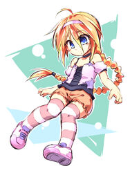  blonde_hair blue_eyes braid commentary_request contemporary female girl_with_a_blonde_braid_(tomoshibi_hidekazu) hairband long_hair orange_shorts original shoes shorts single_braid sneakers solo striped_clothes striped_thighhighs thighhighs tomoshibi_hidekazu very_long_hair 