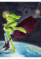  1boy bad_id bad_pixiv_id blonde_hair blue_eyes bodysuit boots brown_hair cloud earth_(planet) female from_below high_heel_boots high_heels highres kodai_susumu long_hair looking_to_the_side mori_yuki ocean photoshop_(medium) planet short_hair skin_tight space supe_(yuusyasupepen) traditional_media uchuu_senkan_yamato uchuu_senkan_yamato_2199 uniform yamato_(uchuu_senkan_yamato) yellow_bodysuit 