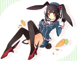  animal_ears black_gloves black_hair black_thighhighs blue_hat blush breasts carrot commentary_request downscaled female full_body garter_belt gloves hat high_heels kantai_collection large_breasts looking_at_viewer md5_mismatch military military_uniform miniskirt orqz rabbit_ears rabbit_tail red_eyes resized resolution_mismatch short_hair skirt solo source_larger tail takao_(kancolle) thighhighs uniform 