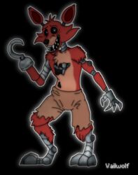  animatronic anthro biped black_background black_eyes bottomwear canid canine clothing exposed_endoskeleton eye_patch eyewear five_nights_at_freddy&#039;s fox foxy_(fnaf) fur glowing glowing_eyes hook hook_hand machine male mammal pirate red_body red_fur robot scottgames shorts simple_background solo standing teeth vailwolf 