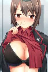  black_bow black_bra blush bow bow_bra bra breasts brown_eyes brown_hair cleavage clothes_lift collared_shirt commentary_request cross_print dress_shirt eyebrows female finger_to_mouth girls_und_panzer hat jacket kuromorimine_military_uniform large_breasts lifting_own_clothes long_sleeves military military_uniform nishizumi_maho red_shirt selfie shin&#039;yashiki shirt shirt_lift short_hair shushing smile solo underwear uniform upper_body 