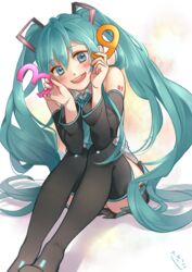  39 aqua_eyes aqua_hair artist_name commentary_request detached_sleeves female hatsune_miku long_hair looking_at_viewer necktie open_mouth sakikko sitting skirt solo thighhighs twintails very_long_hair vocaloid 