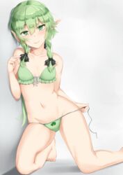  bare_shoulders barefoot black_bow bow bow_panties bra breasts collarbone commentary_request elf feet female frilled_bra frills goblin_slayer! green_bra green_eyes green_hair green_panties hairbow half-closed_eyes high_elf_archer_(goblin_slayer!) highres hip_focus kneeling long_hair looking_at_viewer low_ponytail mengo navel panties pointy_ears side-tie_panties sidelocks small_breasts solo stomach underwear underwear_only untied_panties 