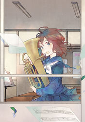  bass_clef brown_hair commentary_request euphonium female from_outside hami_(lvct) hibike!_euphonium instrument kitauji_high_school_uniform musical_note official_art oumae_kumiko photoshop_(medium) quarter_note school_uniform serafuku sheet_music solo wavy_hair whole_rest window 