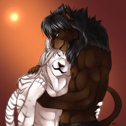  autumus azelyn better_version_at_source closed_eyes clothed clothing felid hug lion male male/male mammal muscular pantherine sakuri_rainne smile stripes tiger topless whiskers 