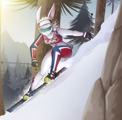  anthro blonde_hair breasts clothed clothing evergreen_tree female fuf fur hair hi_res lagomorph leporid mammal norway olympics outside pine_tree plant rabbit skiing snow solo tree white_body white_fur 