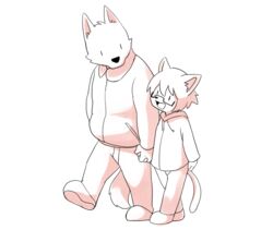  2016 age_difference anthro canid canine canis digital_drawing_(artwork) digital_media_(artwork) domestic_cat domestic_dog duo eyewear felid feline felis glasses interspecies lolicon male mammal manmosu_marimo open_mouth shota_feline_(marimo) simple_background size_difference white_background white_canine_(marimo) young young_anthro 