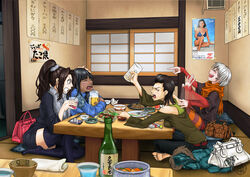  4girls alcohol ashtray bag barefoot beer bikini black_hair black_legwear bottle bowl brown_hair bururururu character_doll cigarette commentary_request crying_wolf dark-skinned_female dark_skin doll drunk food hand_on_head handbag indian_style jacket laughing laughing_octopus long_hair metal_gear_(series) metal_gear_solid metal_gear_solid_4:_guns_of_the_patriots multiple_girls pantyhose ponytail psycho_mantis raging_raven restaurant revision sake_bottle scarf screaming_mantis short_hair sitting striped_clothes striped_pantyhose swimsuit table tears the_sorrow thighhighs white_hair 