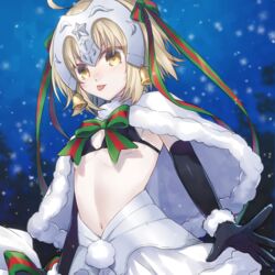  angry bell bikini bikini_top_only blush commentary_request duplicate fate/grand_order fate_(series) female flat_chest gloves hair_ornament jeanne_d&#039;arc_alter_santa_lily_(fate) kan&#039;yu_(citron_82) looking_at_viewer navel night pixel-perfect_duplicate santa_costume short_hair snow solo swimsuit tongue tongue_out white_background white_hair white_santa_costume yellow_eyes 