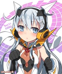  :&lt; anchor_symbol armor bad_id bad_pixiv_id bare_shoulders black_gloves blue_eyes blush breasts character_name checkered clenched_hands commentary_request cosplay dated duplicate elbow_gloves eyebrows female fighting_stance flipped_hair frown gloves gradient grey_hair hair_ornament headgear headphones hibiki_(kancolle) high_collar highres kantai_collection kuro_chairo_no_neko long_hair looking_at_viewer mecha_musume name_connection paw_print pixel-perfect_duplicate senki_zesshou_symphogear sidelocks small_breasts solo tachibana_hibiki_(symphogear) tachibana_hibiki_(symphogear)_(cosplay) twitter_username unitard upper_body very_long_hair 