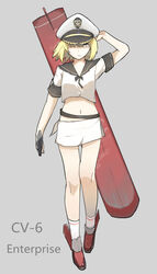  arm_behind_head blonde_hair borrowed_character commentary crop_top crop_top_overhang enterprise_(pacific) female hat hat_over_one_eye highres kantai_collection looking_at_viewer midriff military military_hat navel original pacific_(kancolle) red_eyes short_hair short_sleeves skirt socks solo thigh_gap uniform united_states united_states_navy vic_(vedream) weapon 