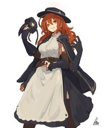  belt black_gloves black_hat blue_cape blue_skirt breasts brown_eyes brown_hair brown_thighhighs cape cowboy_shot dress extra_arms female fingerless_gloves fingernails gloves grin hair_between_eyes hat highres lansane large_breasts legs_apart looking_at_viewer mask nail_polish one_eye_closed original plague_doctor_mask quadriri_(lansane) red_nails scar signature simple_background skirt smile solo thighhighs unworn_mask white_background white_dress 