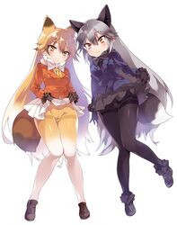  2girls anapom animal_ears bad_id bad_twitter_id black_gloves blonde_hair blush bow bowtie clothes_lift ezo_red_fox_(kemono_friends) fox_ears fox_tail fur_trim gloves grey_hair gusset hair_between_eyes jacket kemono_friends lifting_own_clothes long_hair long_sleeves looking_at_viewer multicolored_hair multiple_girls pantyhose pleated_skirt shoes silver_fox_(kemono_friends) simple_background skirt skirt_lift tail thighband_pantyhose very_long_hair white_background yellow_eyes 