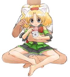  1boy :d animal_ears ankles barefoot blonde_hair blue_eyes bow cat_ears detached_sleeves earrings female green_dress iphone jewelpet miria_marigold_mackenzie red_bow sitting sitting_on_lap soles toes twintails white_background 