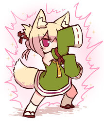  animal_ear_fluff animal_ears arm_up aura bare_shoulders blonde_hair blush chibi commentary_request detached_sleeves female fighting_stance flat_chest fox_ears fox_girl fox_tail full_body green_shirt green_sleeves hair_between_eyes hair_bun hair_ornament jojo_no_kimyou_na_bouken jojo_pose kemomimi-chan_(naga_u) killer_queen&#039;s_pose_(jojo) kneehighs long_sleeves looking_at_viewer naga_u necktie orange_necktie original parody pose red_eyes red_footwear ribbon-trimmed_sleeves ribbon_trim sandals shirt sidelocks single_hair_bun sleeveless sleeveless_shirt sleeves_past_fingers sleeves_past_wrists socks solo sparkle standing tail white_socks zouri 