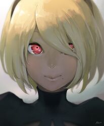  2b_(nier:automata) 2b_(nier:automata)_(cosplay) black_dress black_hairband blonde_hair close-up commentary_request cosplay dark-skinned_female dark_skin dress female gravity_daze gravity_daze_2 hair_over_one_eye hairband highres kitten_(gravity_daze) lips mole mole_under_mouth nier:automata nier_(series) no_blindfold portrait red_eyes saitou_shunsuke short_hair solo swept_bangs turtleneck 