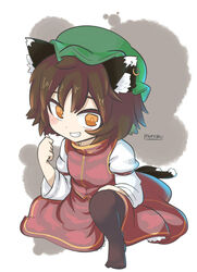  animal_ears bad_id bad_pixiv_id black_legwear brown_hair cat_ears cat_tail chen grin hat inunoko. multiple_tails orange_eyes parody smile solo style_parody style_request tail teeth touhou zun_hat 