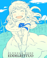  :d ^_^ aldnoah.zero alternate_hairstyle bad_id bad_pixiv_id blue_ribbon blush capelet character_name closed_eyes copyright_name day dress eddelrittuo female fur_trim hair_down happy holding leaning_forward long_sleeves open_mouth outdoors own_hands_together ribbon short_hair smile solo spot_color takagi_hideaki v_arms wind wind_turbine 