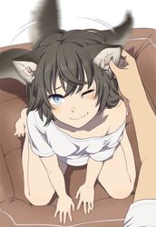  ;) animal_ears bare_legs barefoot blue_eyes blurry blush brown_hair commentary_request depth_of_field dog_ears dog_tail female from_above full_body grabbing_another&#039;s_ear hand_on_another&#039;s_ear kneeling mattaku_mousuke messy_hair motion_blur motion_lines off_shoulder one_eye_closed original playing_with_another&#039;s_ears shirt short_hair sitting smile solo_focus t-shirt tail tail_wagging wariza wavy_mouth 