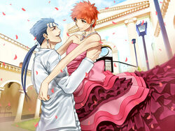  2boys bad_id bad_pixiv_id ballroom crossdressing cu_chulainn_(fate) cu_chulainn_(fate/stay_night) dress earrings emiya_shirou fate/stay_night fate_(series) formal gown jewelry long_hair male_focus mitsuki_mitsuno multiple_boys necklace orange_hair otoko_no_ko petals ponytail tuxedo yaoi 