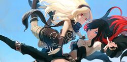  2girls armpits black_hair blonde_hair blue_eyes blue_sky boots breast_tattoo breasts cleavage commentary_request crow_(gravity_daze) dark-skinned_female dark_skin day falling floating gravity_daze hairband highres kitten_(gravity_daze) medium_breasts multicolored_hair multiple_girls navel official_art parted_bangs red_eyes red_hair saitou_shunsuke scarf sky smile swept_bangs tattoo two-tone_hair 