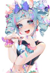  :d absurdres animal_ears bad_id bad_pixiv_id bandaid bandaid_on_arm bare_shoulders beads berry_(shining_star) black_shirt blue_eyes blue_hair chromatic_aberration contrapposto crop_top decora drill_hair earrings eyelashes eyeshadow facial_mark fangs female fingernails food-themed_earrings glitch hair_ornament hairclip hands_up head_tilt heart heart_arms highres horns jewelry long_hair looking_at_viewer makeup midriff multicolored_hair nail_art nail_polish navel ohisashiburi open_mouth piercing pink_hair purple_hair red_nails shining_star shirt simple_background single_horn sleeveless sleeveless_shirt smile solo standing stomach strawberry_earrings tongue_piercing twin_drills twintails unicorn unicorn_girl upper_body white_background 