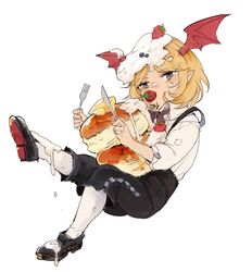  1boy black_footwear blonde_hair blue_eyes blush bow bowtie brown_bow brown_bowtie collared_shirt food food_in_mouth food_on_face food_on_head fruit granblue_fantasy head_wings invisible_chair leg_up looking_at_viewer male_focus mouth_hold object_on_head pancake pointy_ears shingeki_no_bahamut shirt shoes shorts simple_background sitting socks solo strawberry suspender_shorts suspenders veight wataichi_meko white_background white_shirt white_socks wing_collar wings 