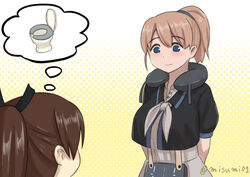  2girls blue_eyes brown_hair commentary intrepid_(kantai_collection) kantai_collection misumi_(niku-kyu) multiple_girls neck_pillow ponytail shikinami_(kantai_collection) short_sleeves toilet_seat twitter_username 