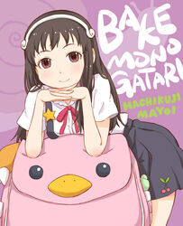  alternate_hairstyle backpack bad_id bad_pixiv_id bag bent_over blush brown_eyes brown_hair character_name closed_mouth copyright_name female hachikuji_mayoi hair_down hairband long_hair looking_at_viewer monogatari_(series) own_hands_clasped own_hands_together purple_background red_ribbon ribbon school_uniform shirt skirt smile solo star_(symbol) takagi_hideaki white_shirt 