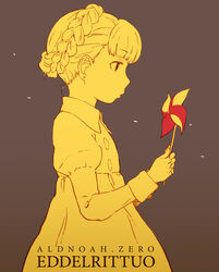  aldnoah.zero bad_id bad_pixiv_id braid brown_background character_name collared_dress copyright_name dress earrings eddelrittuo female from_side holding jewelry juliet_sleeves long_sleeves pinwheel profile puckered_lips puffy_sleeves short_hair solo takagi_hideaki wing_collar yellow_theme 