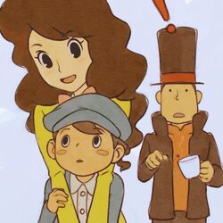  ! 2boys blush_stickers brown_hair commentary_request female hat hershel_layton ilya_kuvshinov long_hair luke_triton multiple_boys open_mouth professor_layton remi_altava short_hair top_hat 